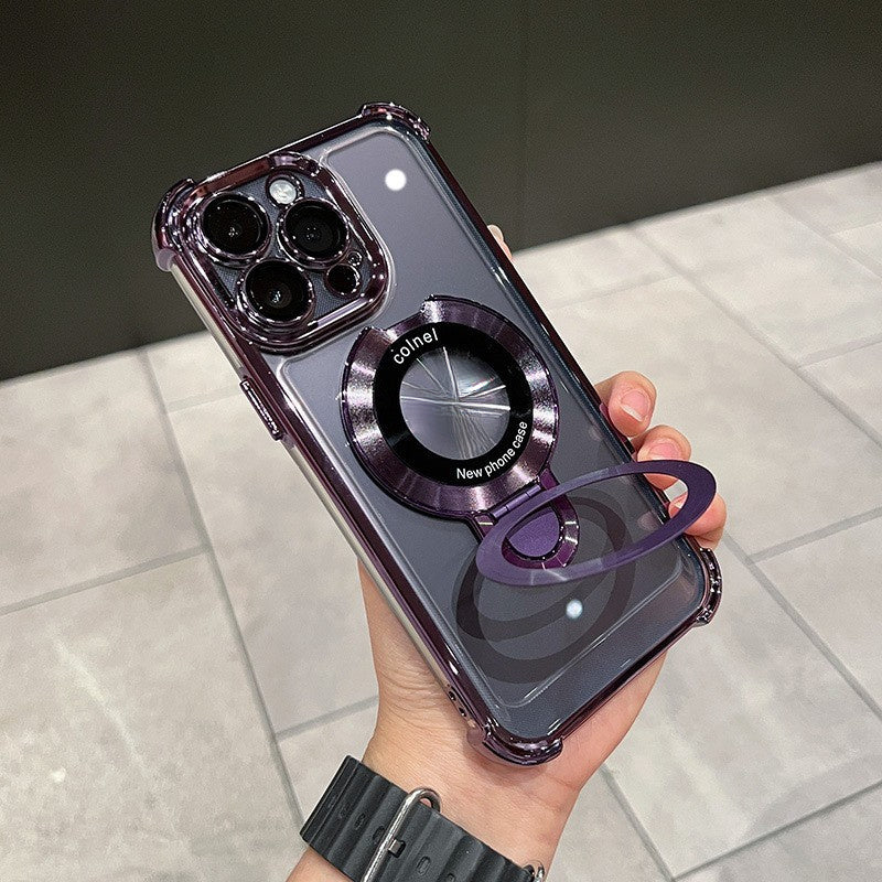 Four-Corner Anti-Drop Magnetic Case with Invisible Folding Ring Holder for iPhone 11/12/13/14/15/16 Series, Electroplated Transparent Full-Coverage Shell, Compatible with 11 Pro, Black-A DT Streetsharks