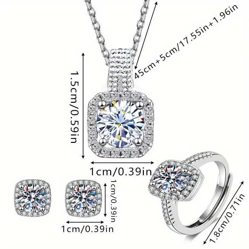 3pcs Set Luxury Brand Shiny Geometric Square Zircon Necklace Earring Rings for Women Charm Fashion Jewelry Set Anniversary Gift Streetsharks