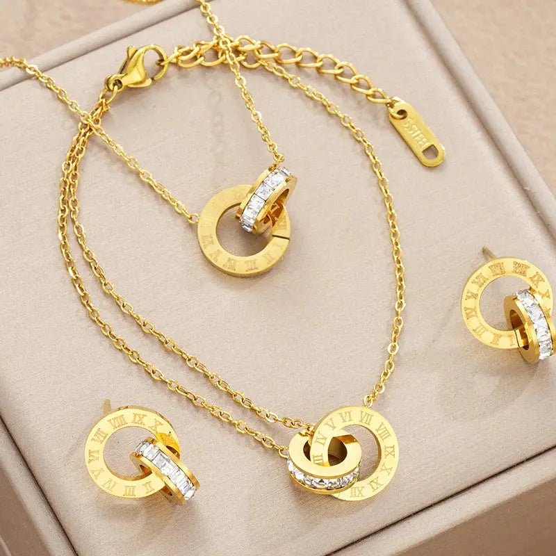 4Pcs/Set Gold Color Stainless Steel Crystal Necklace Bracelet Earrings for Women Interlocking Circles Roman Numbers Jewelry Sets Streetsharks