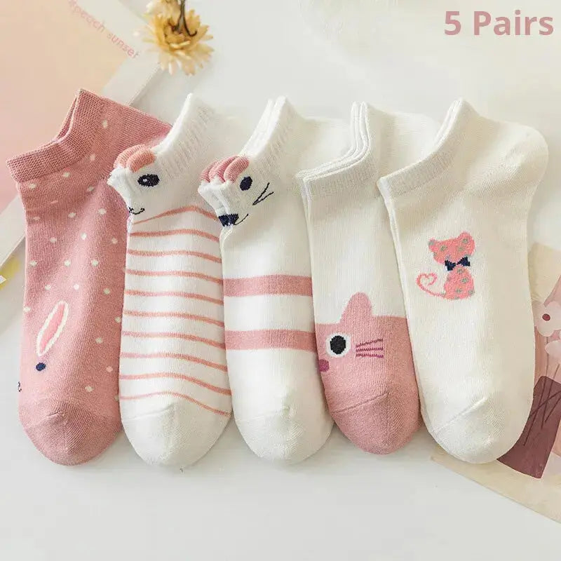 5/10/20 Pairs Women's Short Tube Socks Pink Cat Thin Four Seasons Cute Boat Sockslow Top Ins Trendy Socks luxecrown.co.uk