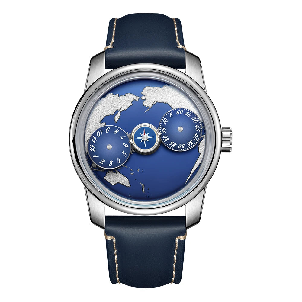 OBLVLO Top Luxury Earth DIal Transparent Automatic Movement Mens Watch Blue NIghtlight Leather Mechanical Watches Rejos JM-EARTH luxecrown.co.uk