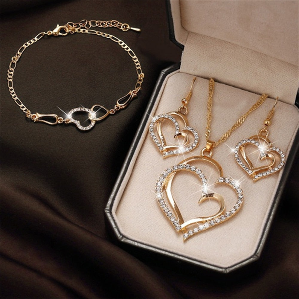 Exquisite Double Heart Necklace Earrings Gifts - Streetsharks
