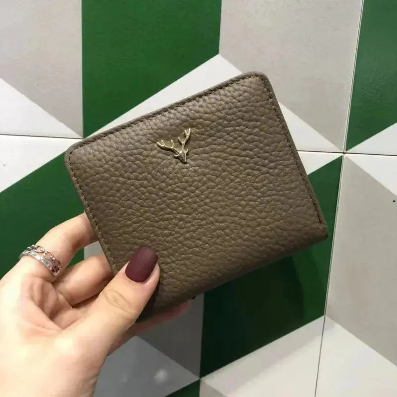 Cowhide Women's Purses Short Thin Small Wallet Chic Christmas Deer Button Ladies Genuine Leather Card Holder Wallet Coin Purse luxecrown.co.uk