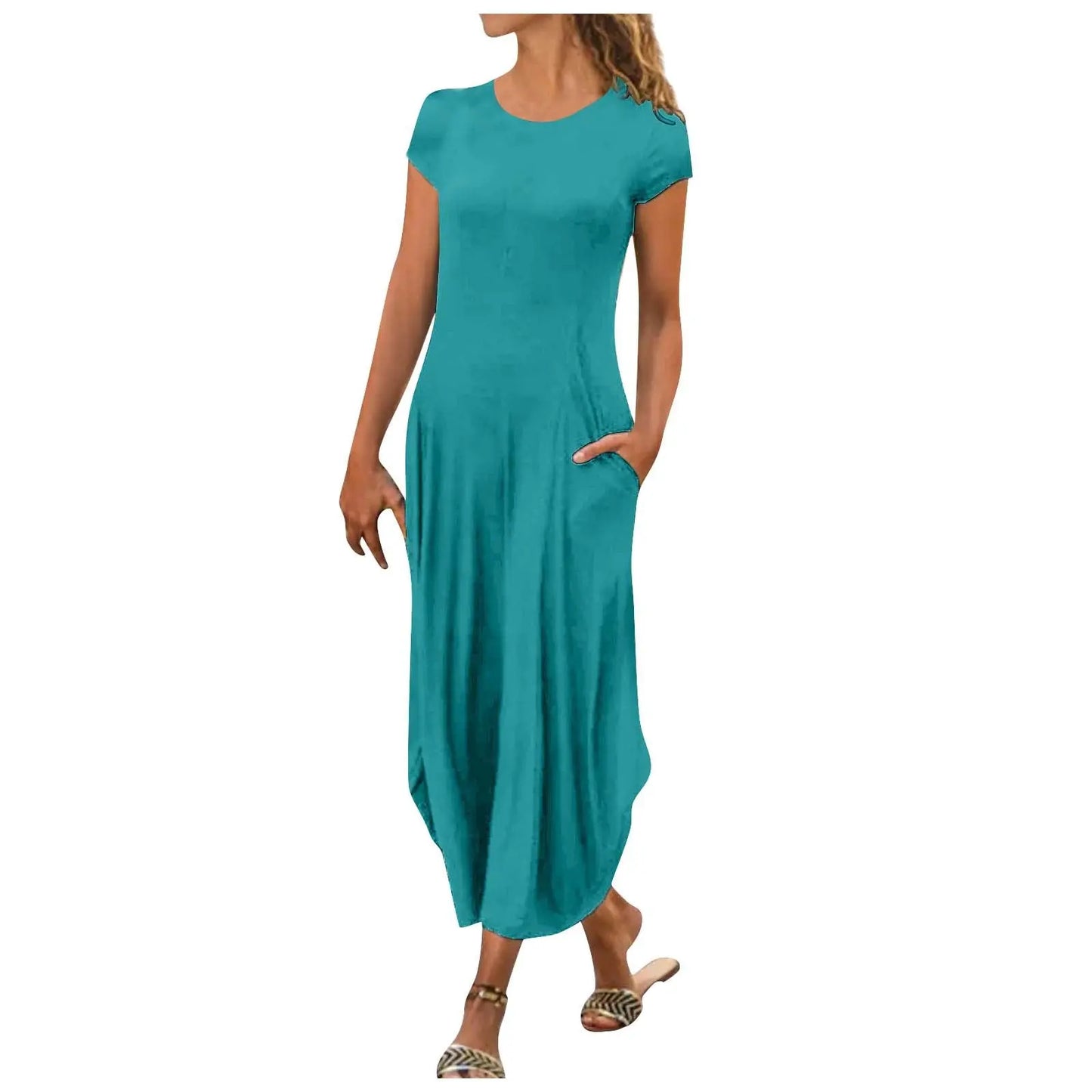 Dress with Solid Color, Round Neck, Short Sleeves, and Mid-Waist StreetSharks
