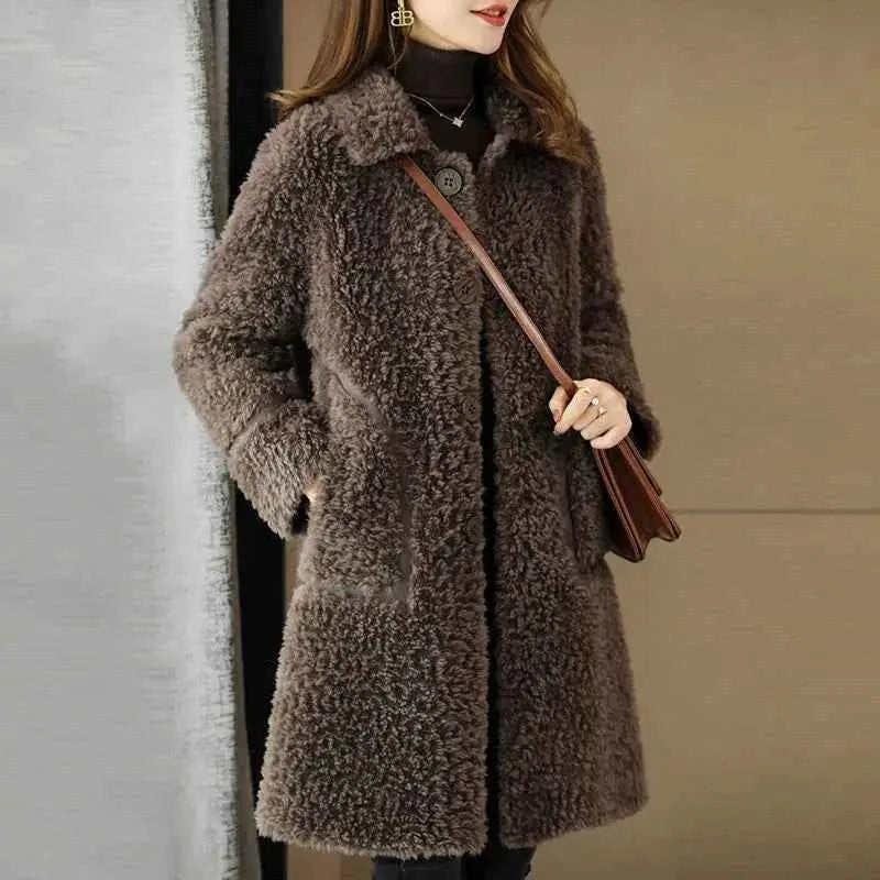 Female Winter Slim Grain Wool Middle Long Coat Women New Middle-Aged And Elderly Cashmere Thickened Imitation Lamb Wool Overcoat