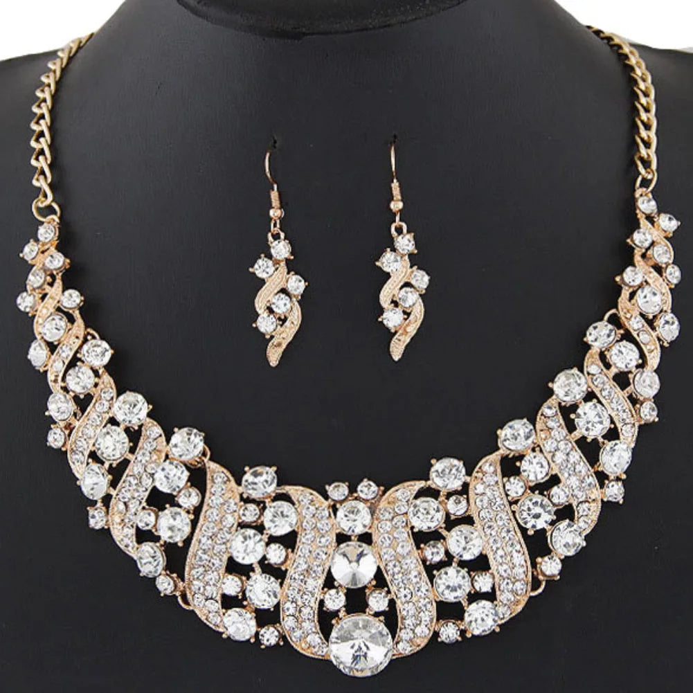 Rhinestone Inlaid Chain Necklace Hook Earrings Bridal Wedding Party Jewelry Set Chain Necklace Hook Earrings Bridal Jewelry Set Streetsharks