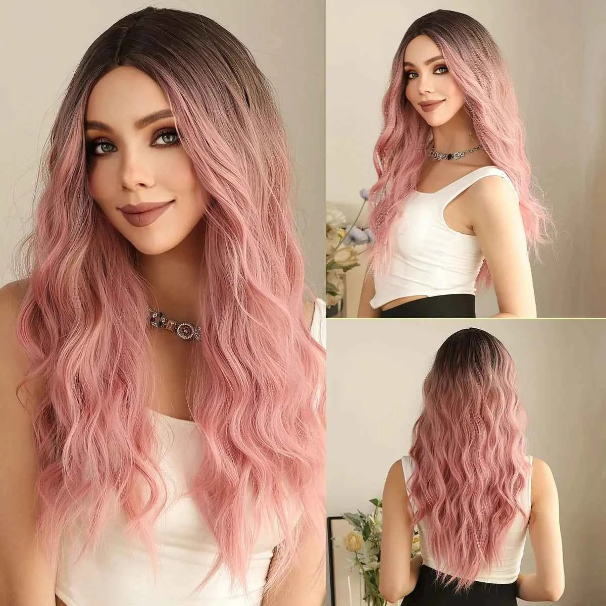 Ombre Natural Brown Synthetic Wig Women Long Wavy Curly Wig Middle Part Heat Resistant High Quality False Hair Daily Use Parties