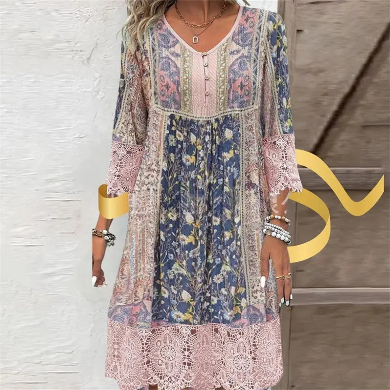 Ladies' Vintage Style Lace Dress with Retro Print StreetSharks