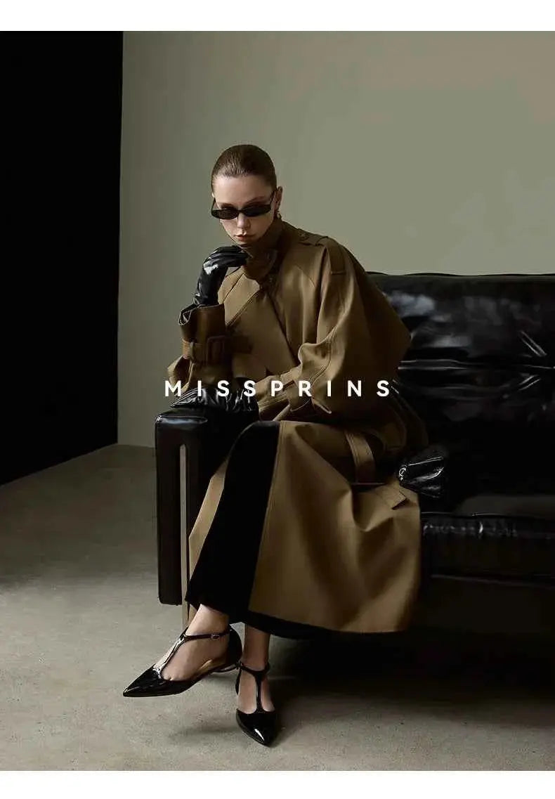 Lautaro Spring Autumn Long Khaki Trench Coat for Women Belt Double Breasted Chic Luxury Designer European Fashion Clothes 2025