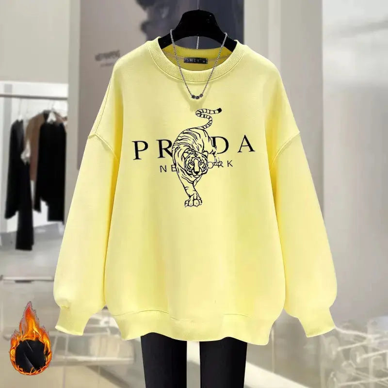 Luxury Brand Tiger Print Spring Autumn and Winter Fashion Loose Round Neck Pullover Sweater Women's Velvet Thicker Streetsharks