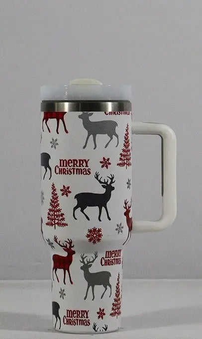 New Christmas Pattern Mug With Handle Lid Straw Drinkware Stainless Steel Vacuum Tumbler Large Capacity Car Travel Coffee Cup StreetSharks