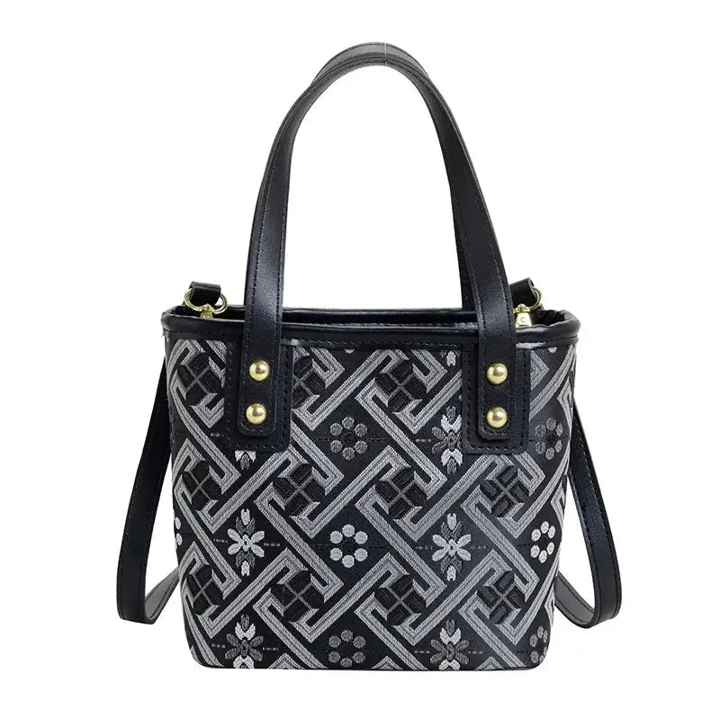 New Ethnic Style Wanji Pattern Bucket Bag Casual Crossbody Lightweight Luxury Urban Simple PU Leather Fashion Handbag luxecrown.co.uk