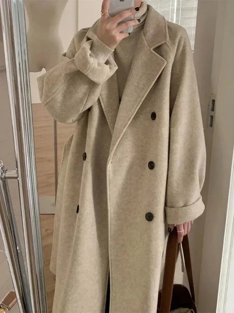 New Winter Fashion Wool Thick Long Coats with Turn-down Collar Solid Jackets. - Streetsharks
