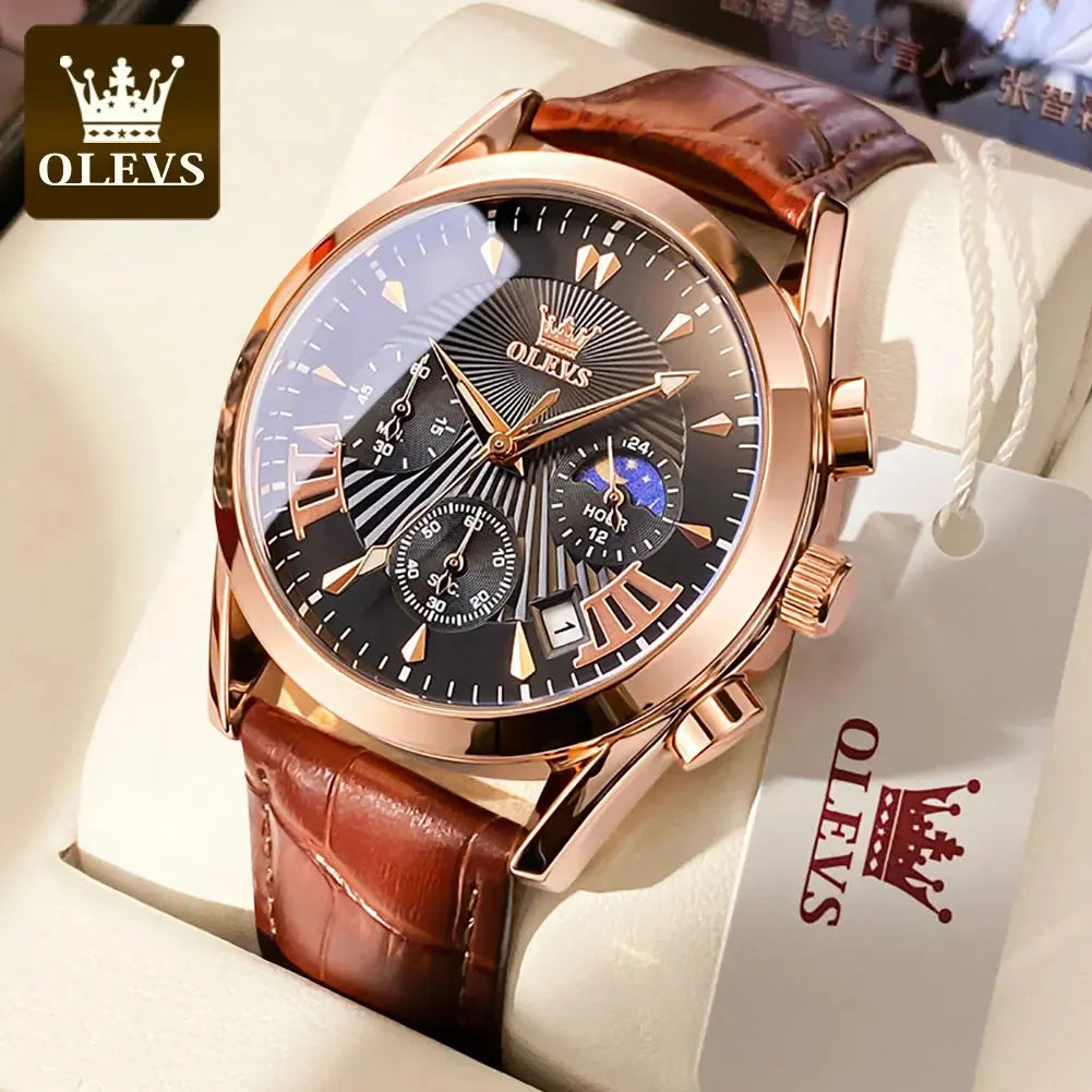 OLEVS casual fashion men's watches Moon Phase Chronograph waterproof man wristwatch Leather strap trend genuine watch for man luxecrown.co.uk