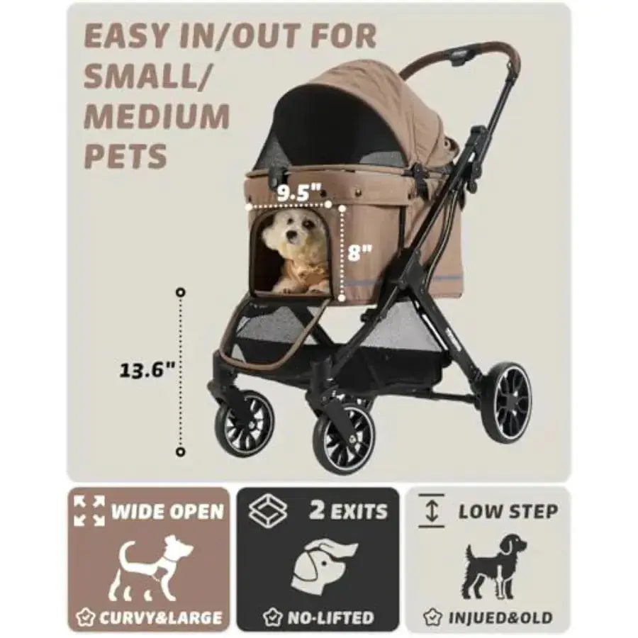 Pet stroller for small medium dogs and cats up to 121 lbs, polyester fabric, brown, foldable with one-click mechanism and 4-whe luxecrown.co.uk