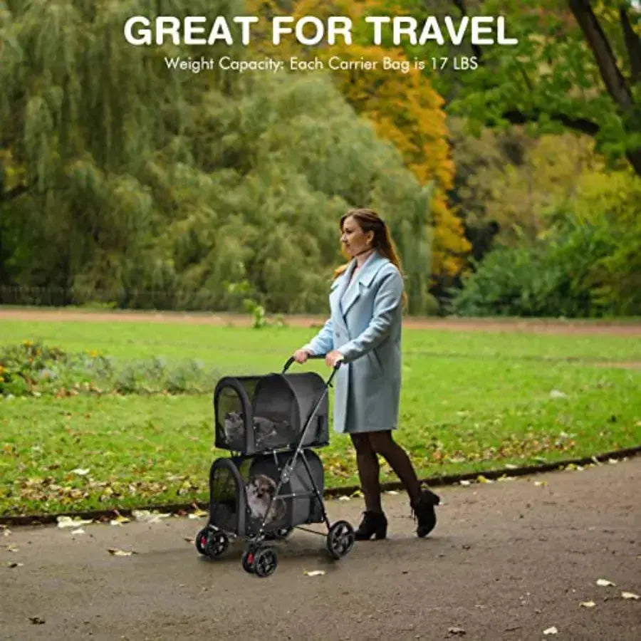 Pet stroller for travel and strolling; polyester fabric; black; double detachable carrier bags, safety belt, 4 lockable wheels, luxecrown.co.uk
