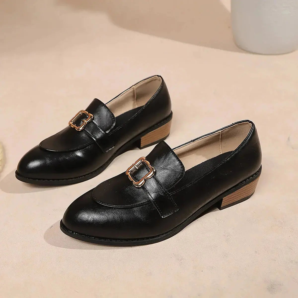 Retro Metal Buckle Thick Heel Loafers Women Summer 2026 Classic Black Brown Pu Leather Loafer Elegant Dress Shoes for Women luxecrown.co.uk