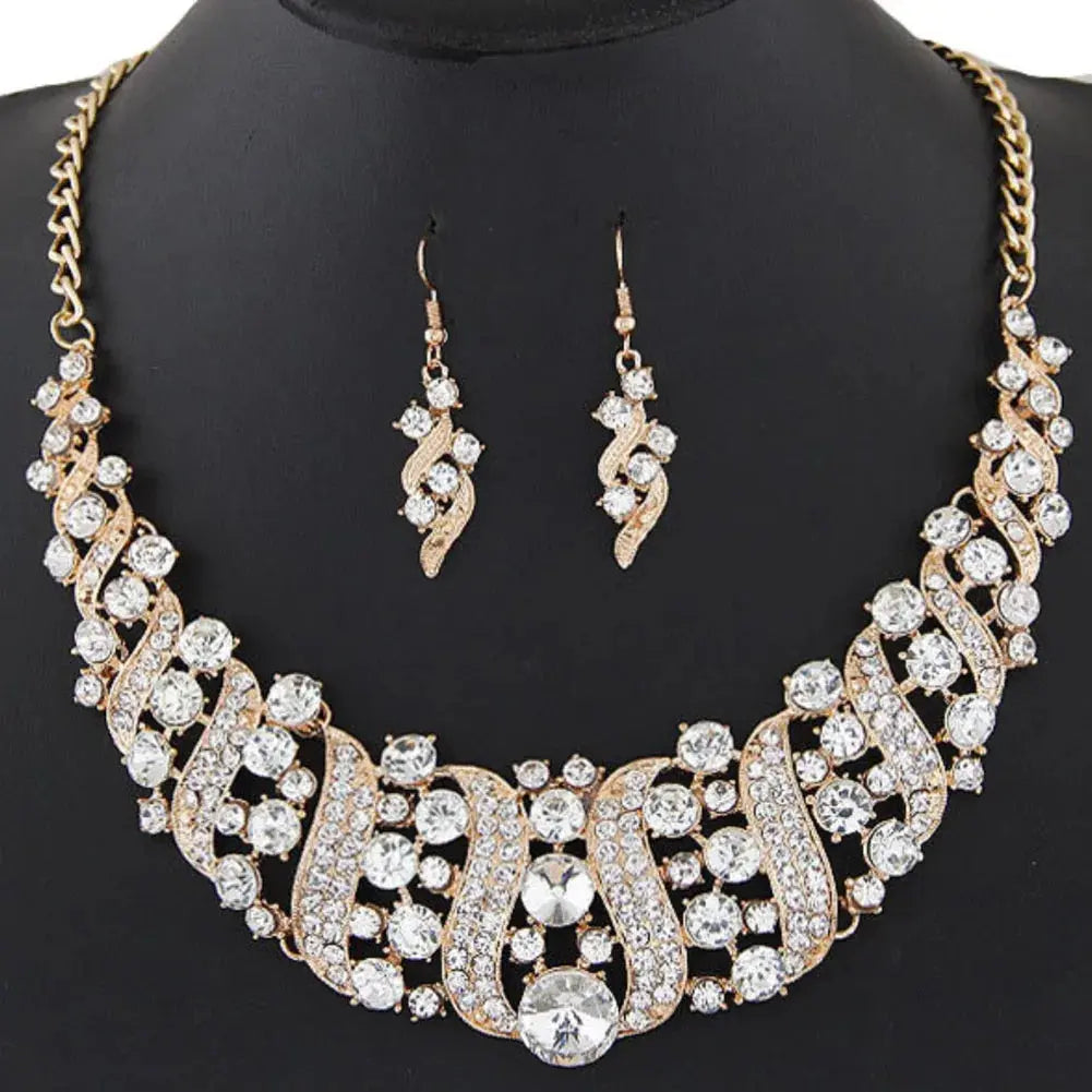 Rhinestone Inlaid Chain Necklace Hook Earrings Bridal Wedding Party Jewelry Set Chain Necklace Hook Earrings Bridal Jewelry Set Streetsharks