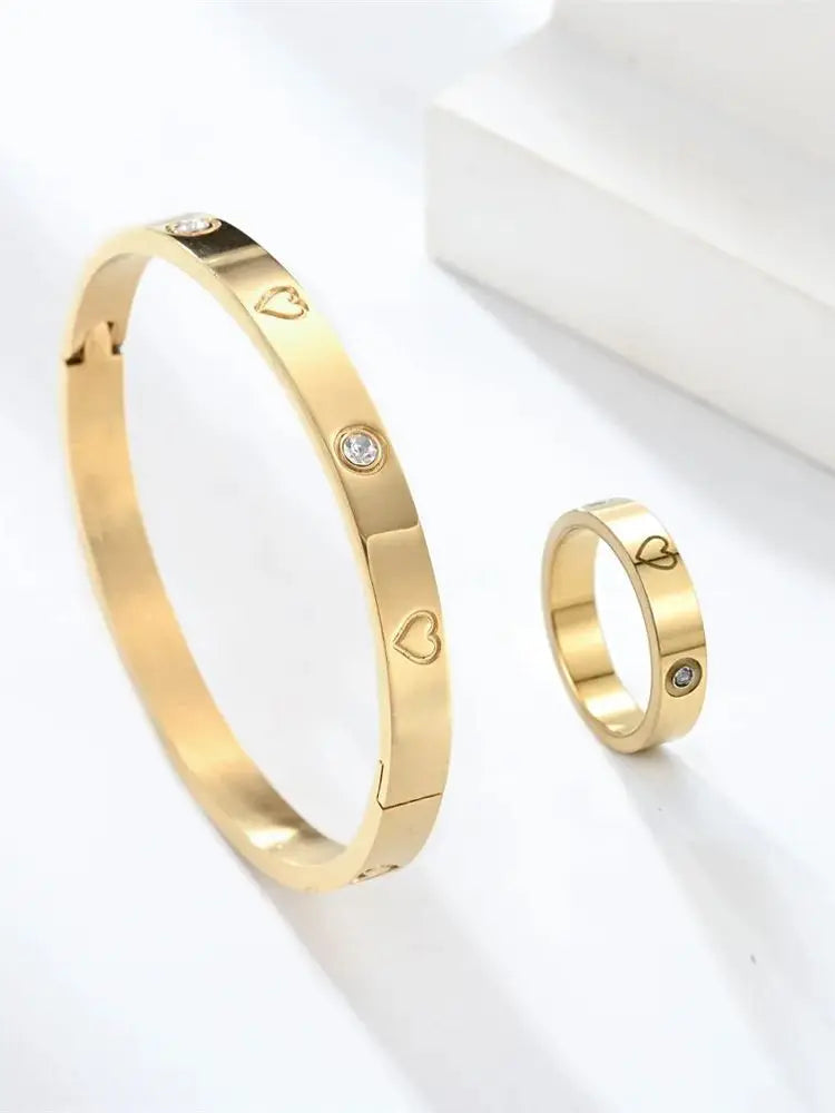 Stainless Steel Luxury Fashion Jewelry Set Golden Women Bangle Bracelet Love Cross Finger Rings For Men Women Jewelry Set Gift Streetsharks