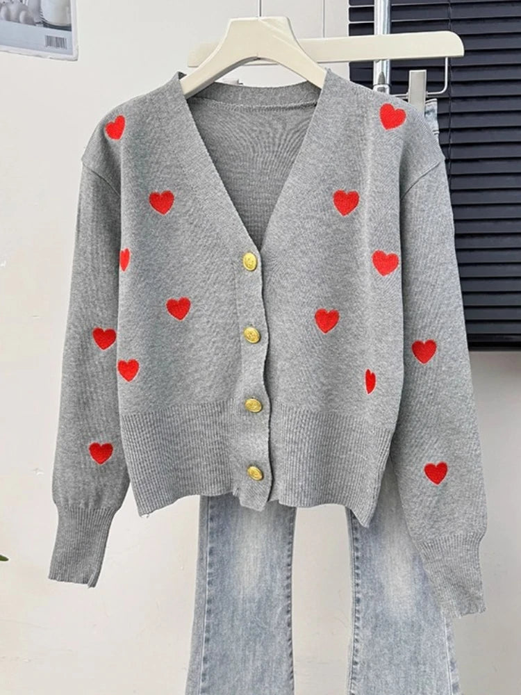Sweater Women Knitted Coats Fashion V-neck Slim Versatile Heart Button Cardigan Autumn Office Lady Chic Long Sleeve Outerwear luxecrown.co.uk