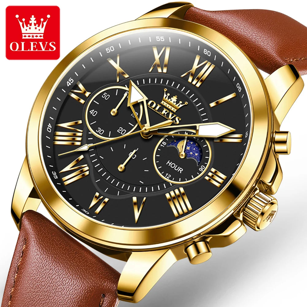 OLEVS 3632 Men Watch Elegant Luxury Sport Quartz Watch Scale Waterproof Luminous Automatic Date Moon Belt Watch Gifts Original luxecrown.co.uk