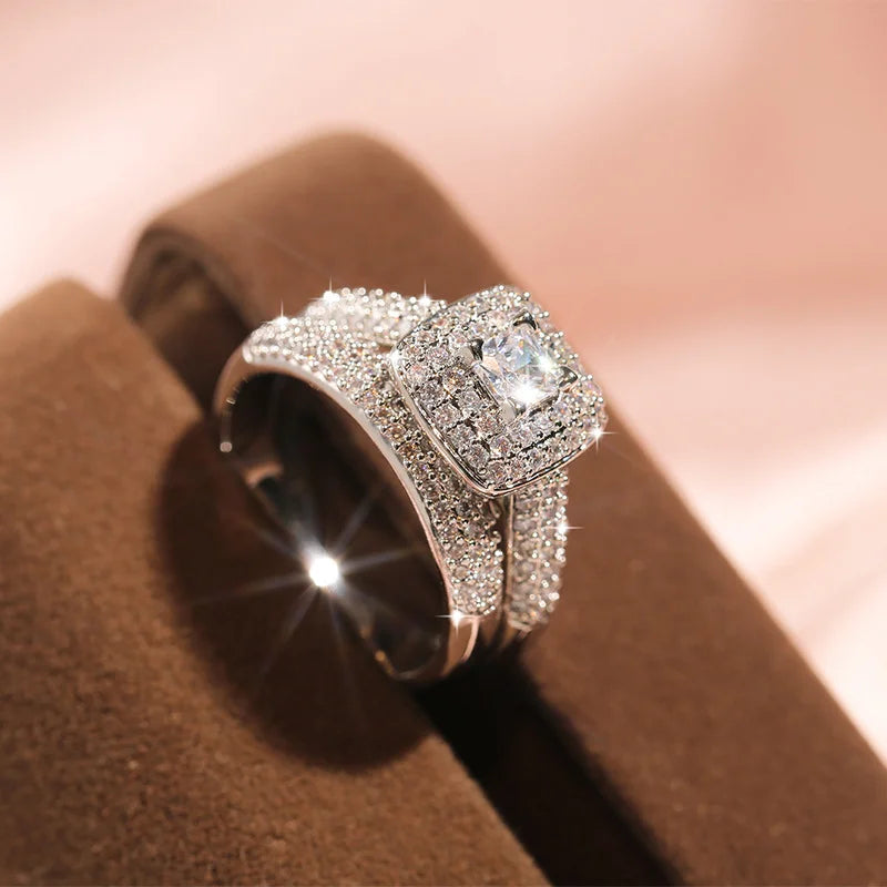 925 Sterling Silver Luxury 2 pcs Wedding Rings Set For Women Stackable Finger Rings Valentine's Day Gift Streetsharks