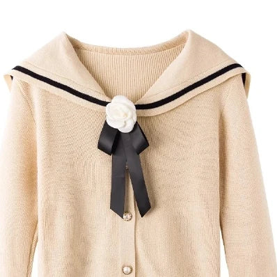 Women Autumn Winter Full Sleeve Sweater Korean Style Bow Sailor Collar Knitted Cardigan Fashion O-Neck Single-breasted Tops