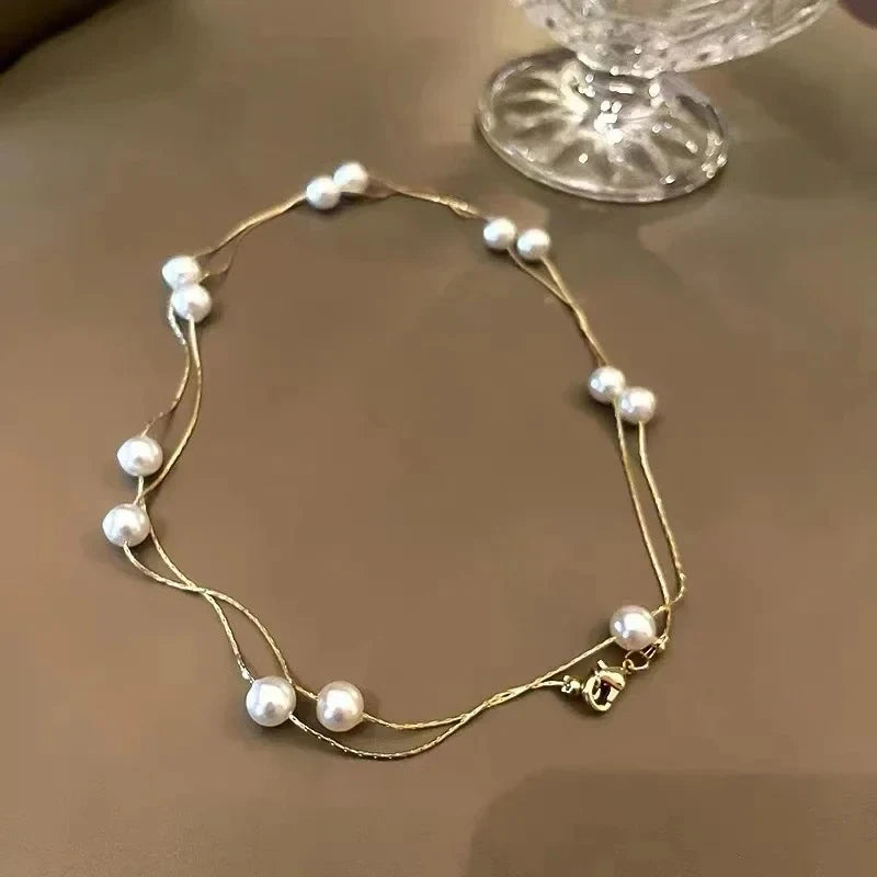Girl’s Imitation White Pearl Magnetic Round Buckle Beadeds Chain Necklace 2024 New Collarbone Chain Elegant Jewelry for Women Streetsharks