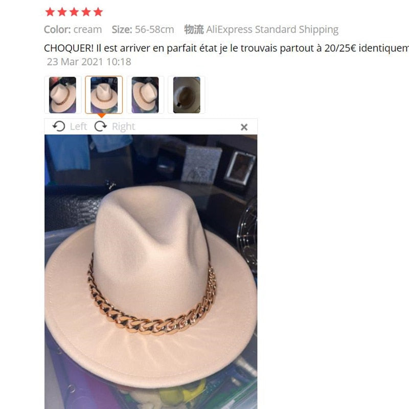 Fedora Hats for Women Men Wide Brim Thick Gold Chain Band Felted Hat Jazz Cap Winter Autumn Panama Red Luxury Hat Chapeau Lemme - Streetsharks