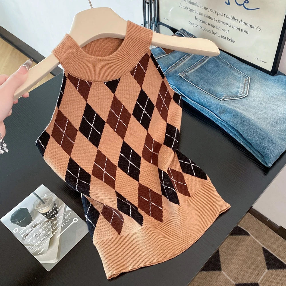 Women's Vintage Plaid Sweater Vest Ulzzang Style Knitted Preppy Soft Crew Neck Loose Top Fit Streetwear Camisole for Girls