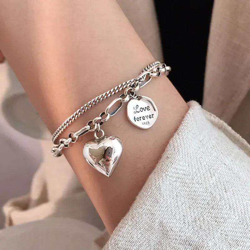 Elegant 925 Sterling Silver Love Letter Heart Double Layer Bracelet Female Unique Design Thai Silver Retro Light Luxury Jewelry Streetsharks
