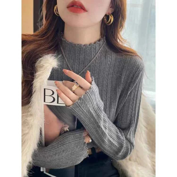 New Women's Autumn and Winter Solid Color Ruffled Semi-turtleneck Long-sleeved Knitted Sweater Casual Women's Knitted Pullovers