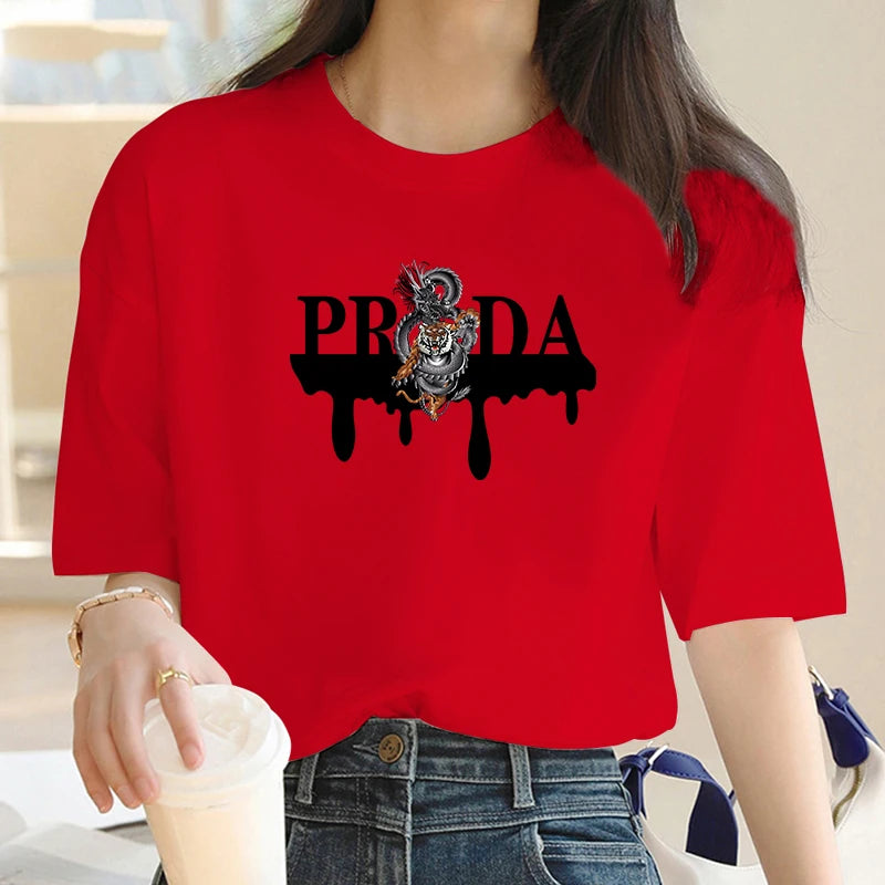 Luxury Brand Fashion Dragon and Tiger Pattern Printed Crew Neck Clothing Short Sleeve T-Shirt Trend Women's Summer Y2K Top Streetsharks