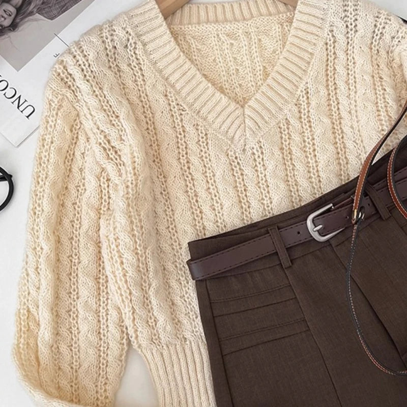 Autumn Striped Sweater Women Knitwears Solid Loose V Neck Knit Pullover Warm Long Sleeves Tops Khaki Knitted Jumpers Women