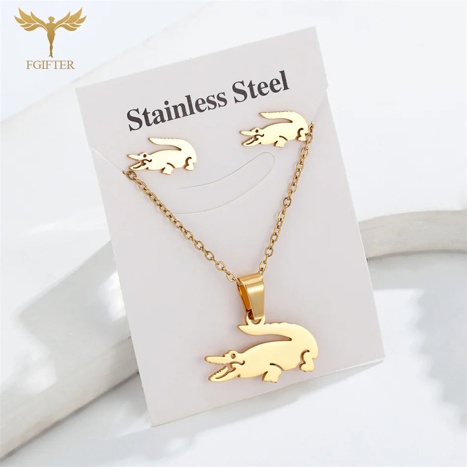 Fgift Gold Plated Sainless Steel Jewelry Sets For Women Crocodile Pendant Chain Necklace Stud Earrings Animal Design Party Gifts Streetsharks