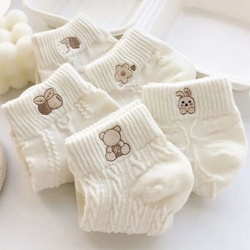 5pairs Women Socks Spring Summer Cute Bear Rabbit Rainbow Print Ankle Socks Casual Short Socks