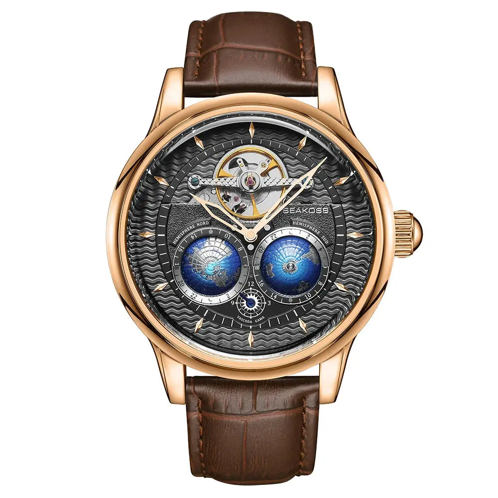 SEAKOSS Male Dual Earth Rotating Mechanical Men's Watch Automatic Movement Waterproof Clock Pilots 1963 Flywheel Wristwatches luxecrown.co.uk