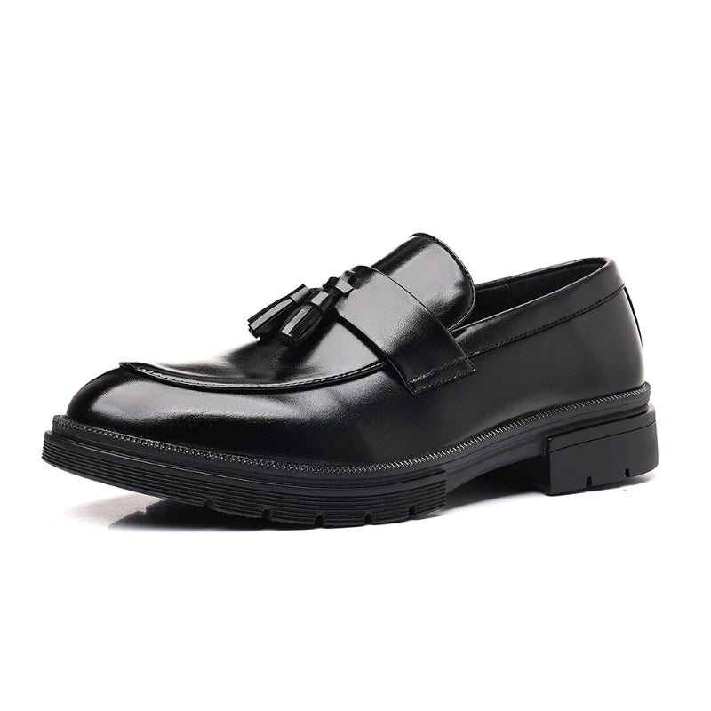 Mens Brown Genuine Leather Tassel Penny Loafers Slip On Chunky Sole Formal Dress Shoes Comfortable Non Slip For Business Office luxecrown.co.uk