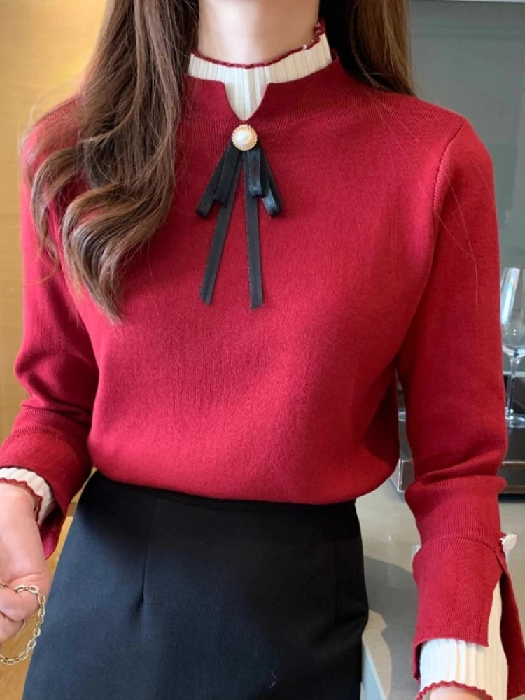 Autumn Winter Sweater Sweet Bow Knitwears Long Sleeve Slim Pullovers Women Solid Knitted Sweater Korean Casual Base Layer Y2k luxecrown.co.uk