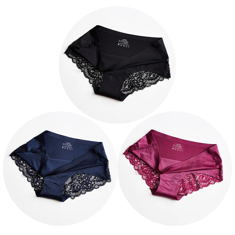 TrowBridge 3PCS/Set Women's Panties Exquisite Lace Underwear Sexy Lingerie Big Size Sweet Silk Satin Briefs Soft Cozy Underpants luxecrown.co.uk