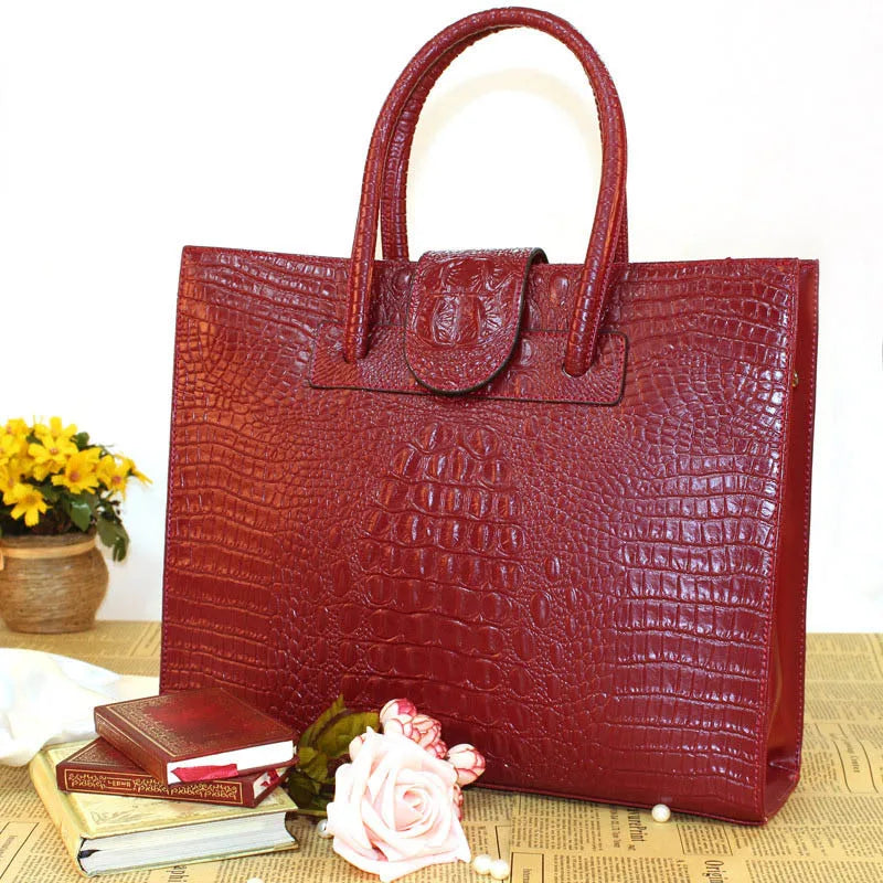 New Fashion Luxury Crocodile Pattern Women's Real Leather OL Handbags Genuine Leather Ladies Shoulder Bag Business Computer Bags luxecrown.co.uk