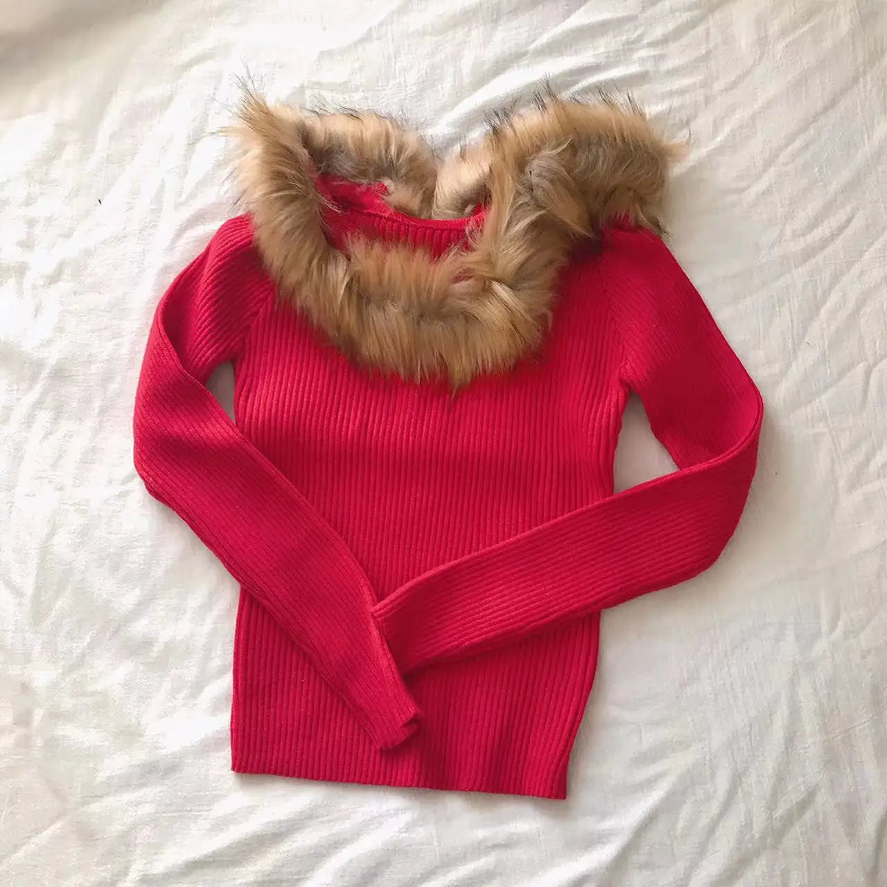 2026 New Autumn Winter Women Long Fur Collar Sleeve Knitted Sweaters Elastic Slim Solid Multi Color Short Pullover Tops