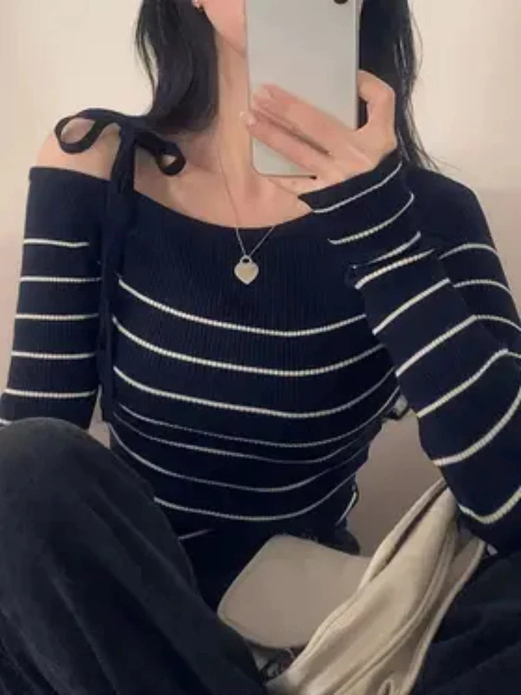 2026 New Women's Elegant Off-Shoulder Sweater T-Shirt Black White Striped with Adjustable Lace-Up Fall Winter Casual Chic Top luxecrown.co.uk