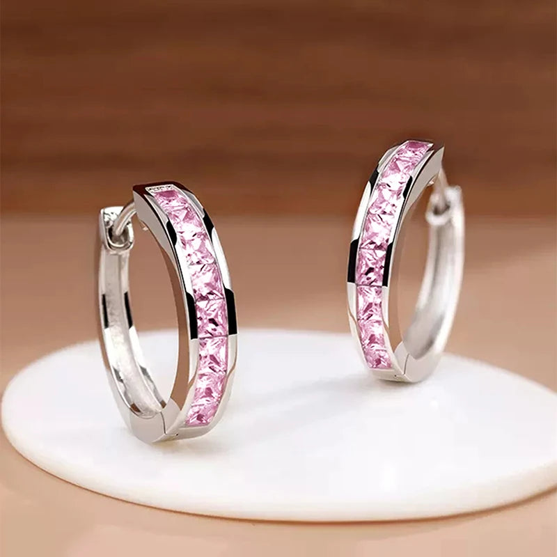 Huitan Classic Design Women Hoop Earrings Full with Princess Square CZ Simple and Elegant Female Accessories Versatile Jewelry luxecrown.co.uk
