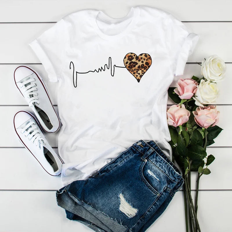 Summer New 90 's Leopard Heartbeat Short Sleeve Print Clothing Women's T-Shirt Harajuku Graphic Clothing Women's Top,Drop Ship luxecrown.co.uk