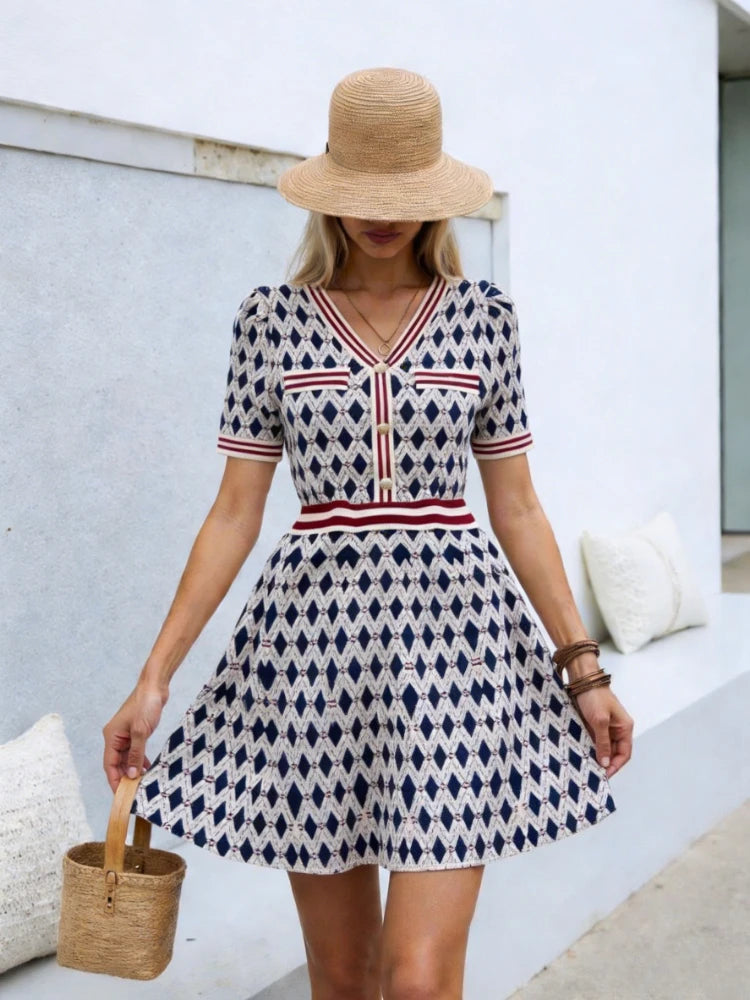 Women's V-Neck Short Sleeve Knit Dress Geometric Argyle Print Contrast Trim Flare Mini Dress Casual Summer Daily Party Dress luxecrown.co.uk