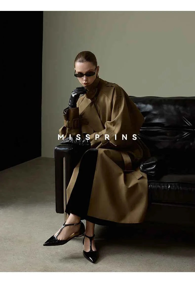 Lautaro Spring Autumn Long Khaki Trench Coat for Women Belt Double Breasted Chic Luxury Designer European Fashion Clothes 2025