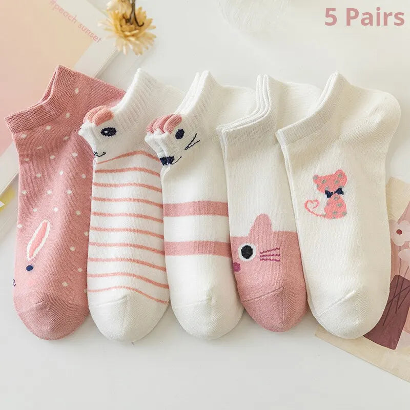 5/10/20 Pairs Women's Short Tube Socks Pink Cat Thin Four Seasons Cute Boat Sockslow Top Ins Trendy Socks luxecrown.co.uk