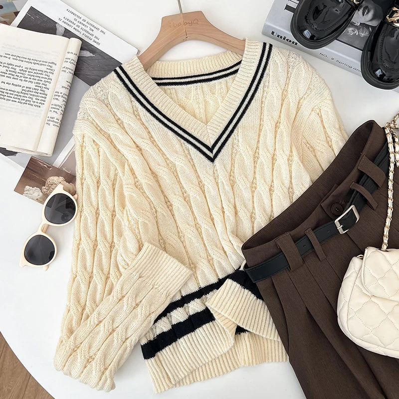 2026 New Autumn Winter Preppy Style Knitwear V-neck Long Sleeve Knitted Sweaters Twist Hit Color Striped Short Pullover Tops