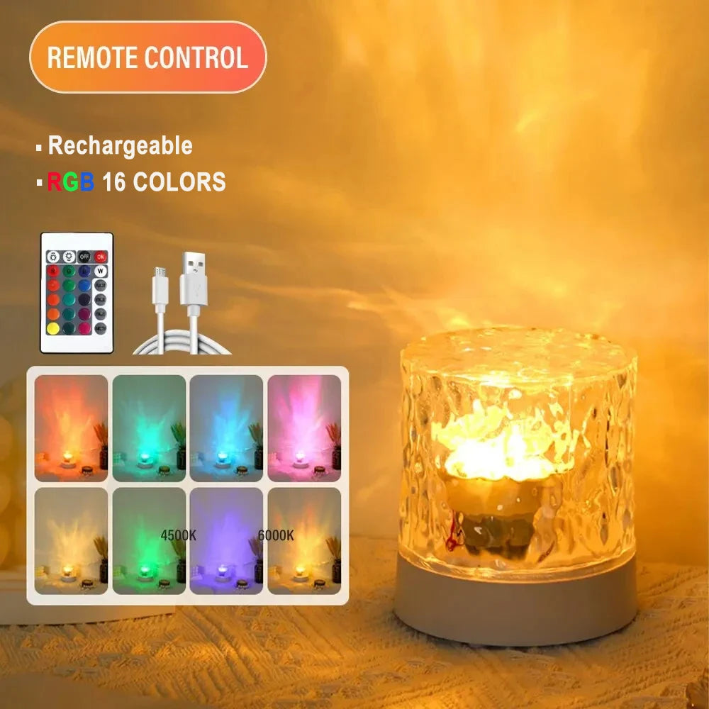 Rechargeable 16 Color LED Water Ripple Projector Night Light Remote Control Bedroom Ambient Lamp RGB Dimmable Crystal Table Lamp luxecrown.co.uk